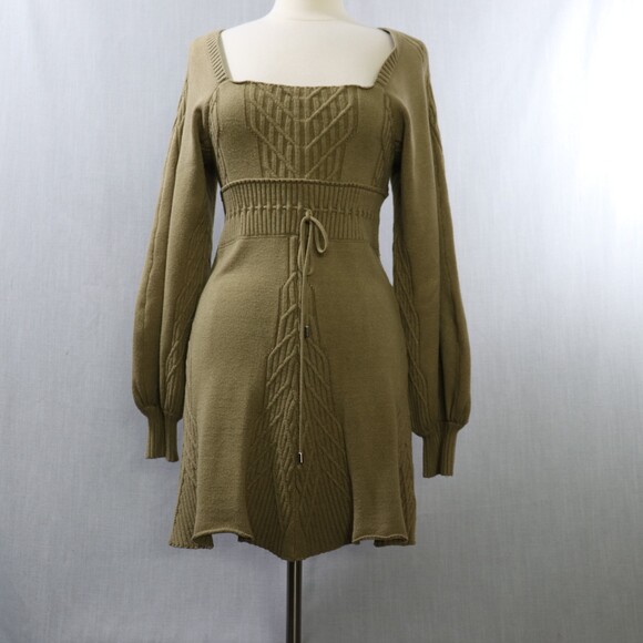 Free People Emmaline Sweater Dress Womens M Green Cutout Back Balloon Sleeve - Picture 2 of 16